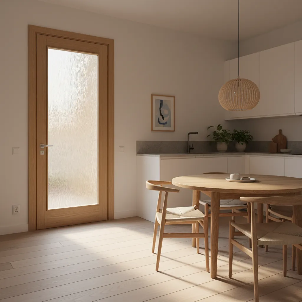 Puerta de cocina con vidrio texturizado dejando pasar la luz
