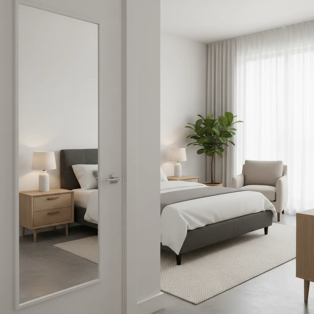 Puerta interior con espejo de cuerpo completo en dormitorio pequeño