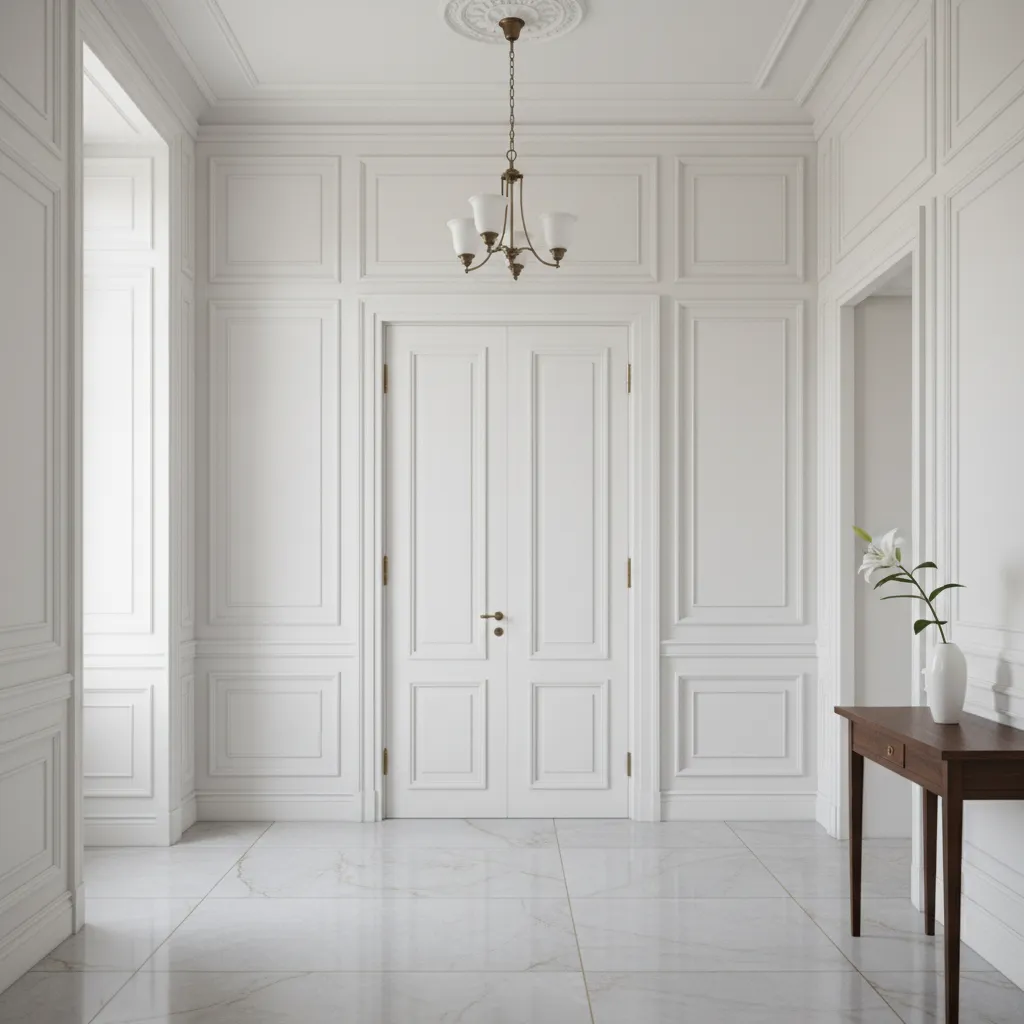 Puerta interior lisa transformada con molduras decorativas blancas