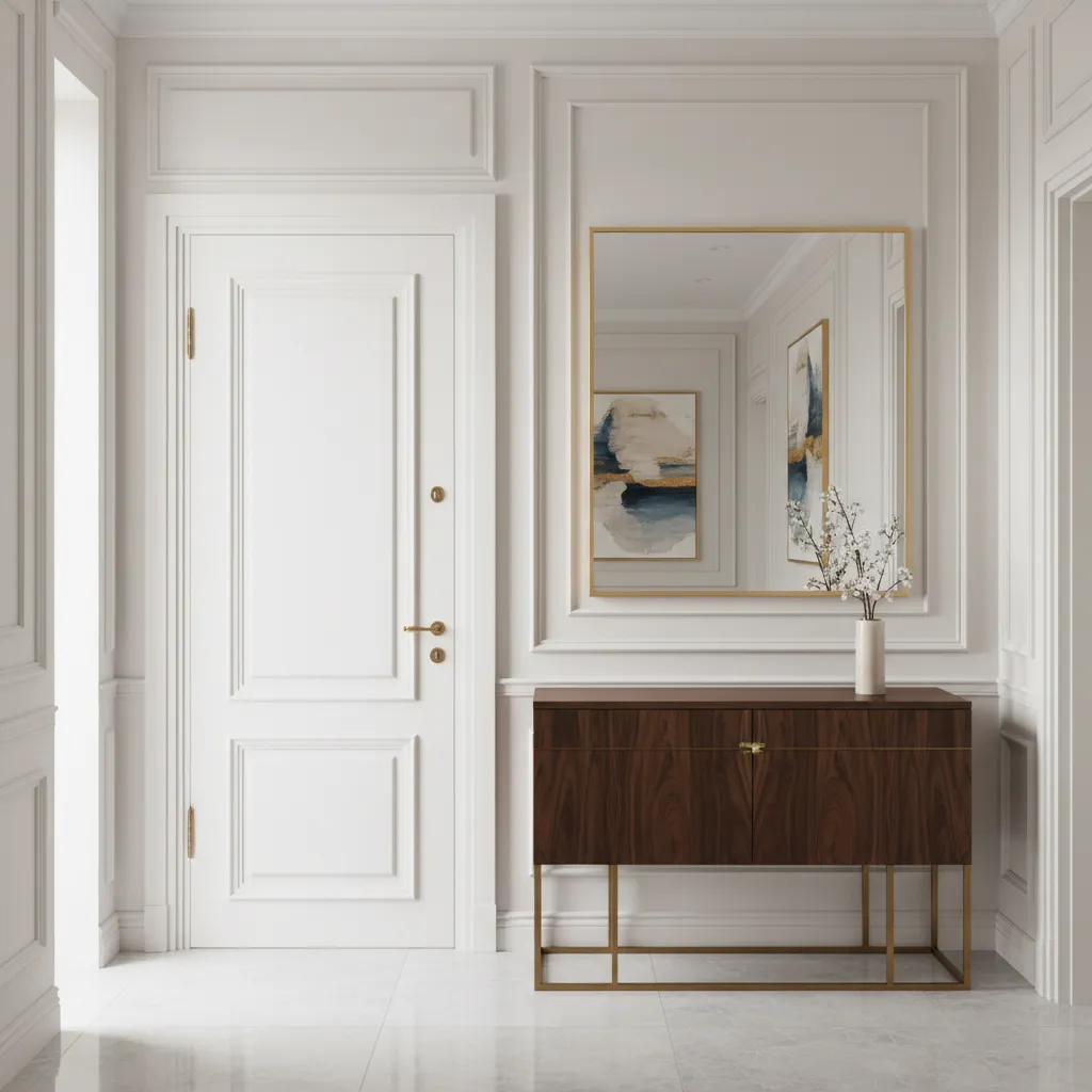 Puerta interior blanca con molduras decorativas estilo clásico moderno