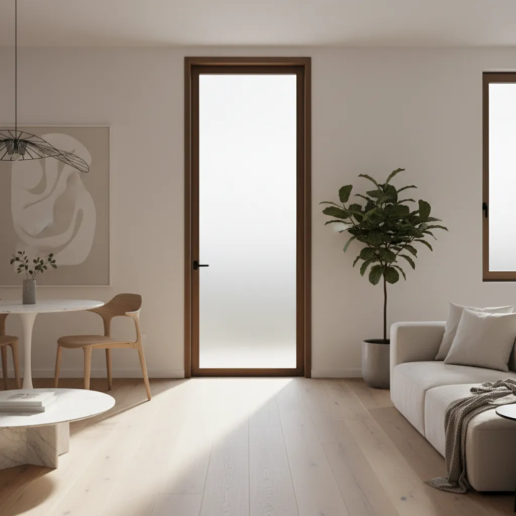 Puerta interior con paneles de vidrio dejando pasar luz natural