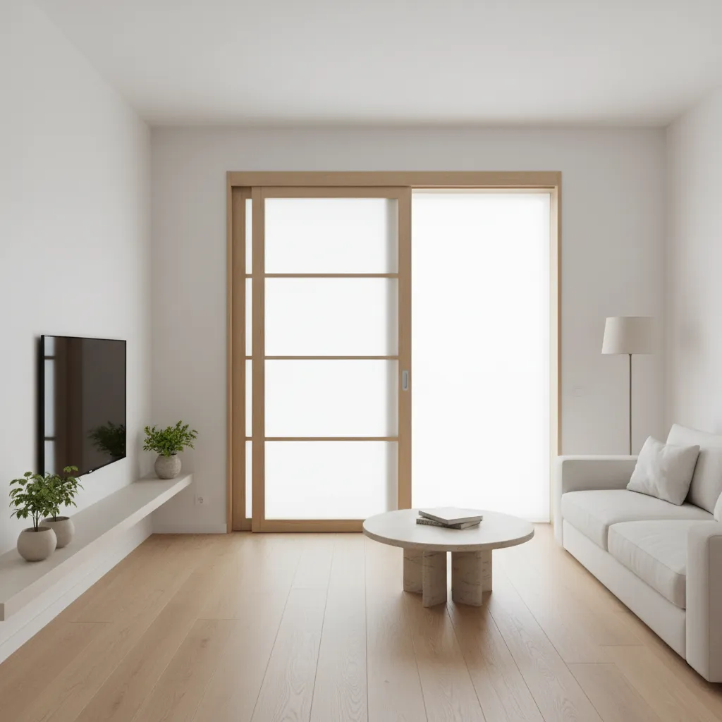 Minimalist living room with white sofa wooden floor round coffee table and sliding glass doors