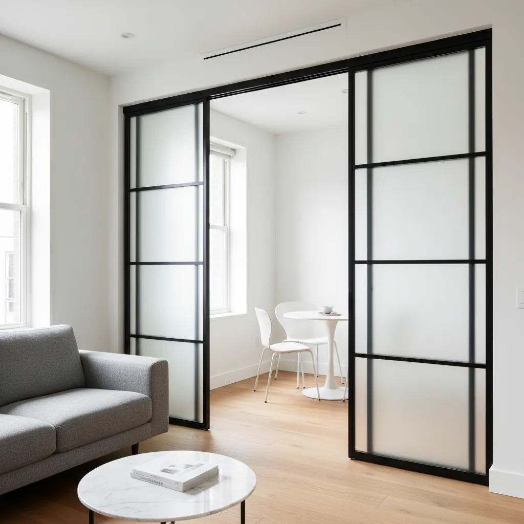 Puerta corredera de aluminio y vidrio en un apartamento moderno