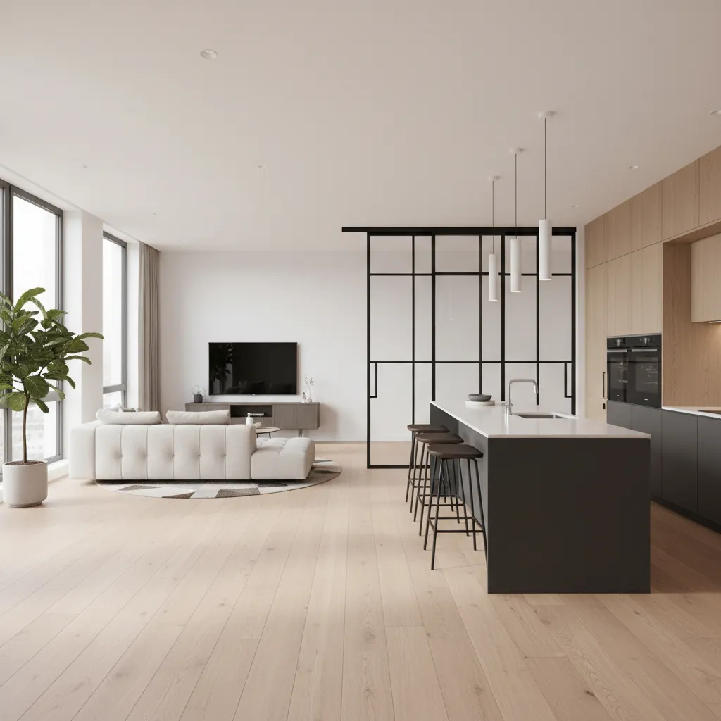 Puerta corredera de hierro separando cocina abierta del salón