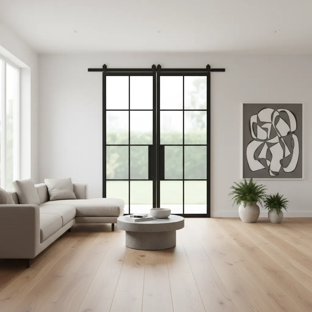 Puerta corredera de hierro negro con vidrio transparente en salón moderno
