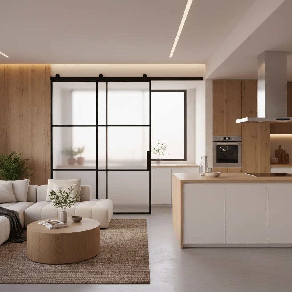 Puerta corredera moderna entre salón y cocina