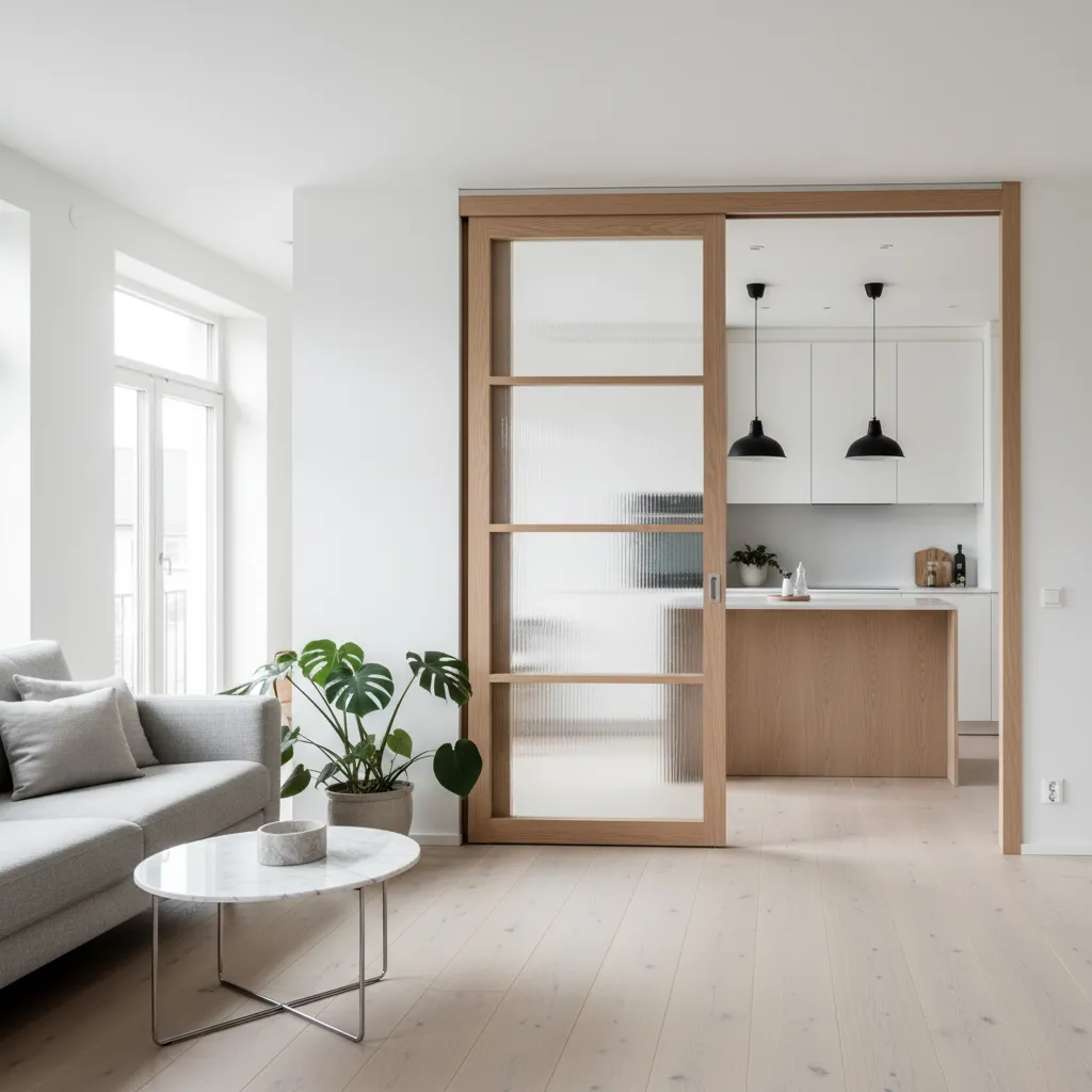 Puerta corredera moderna en salón contemporáneo