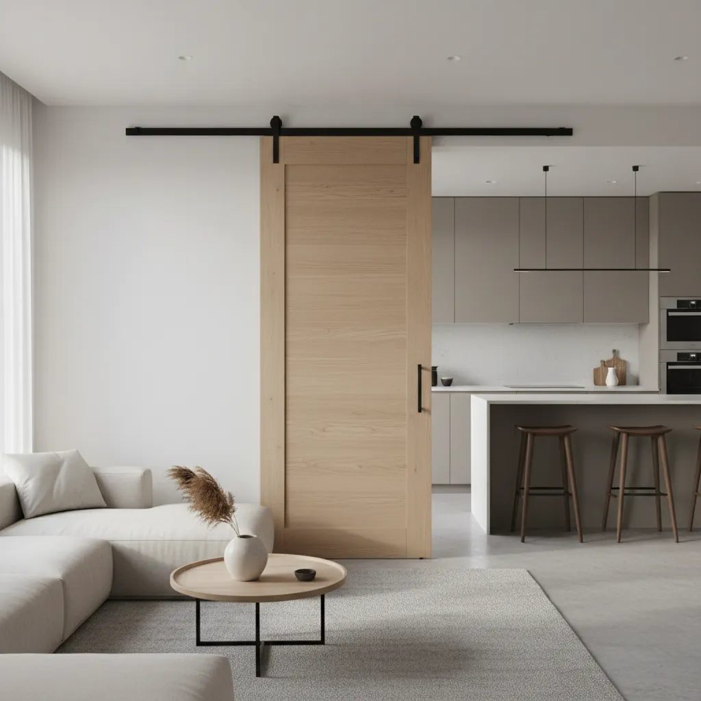 Puerta corredera moderna entre salón y cocina
