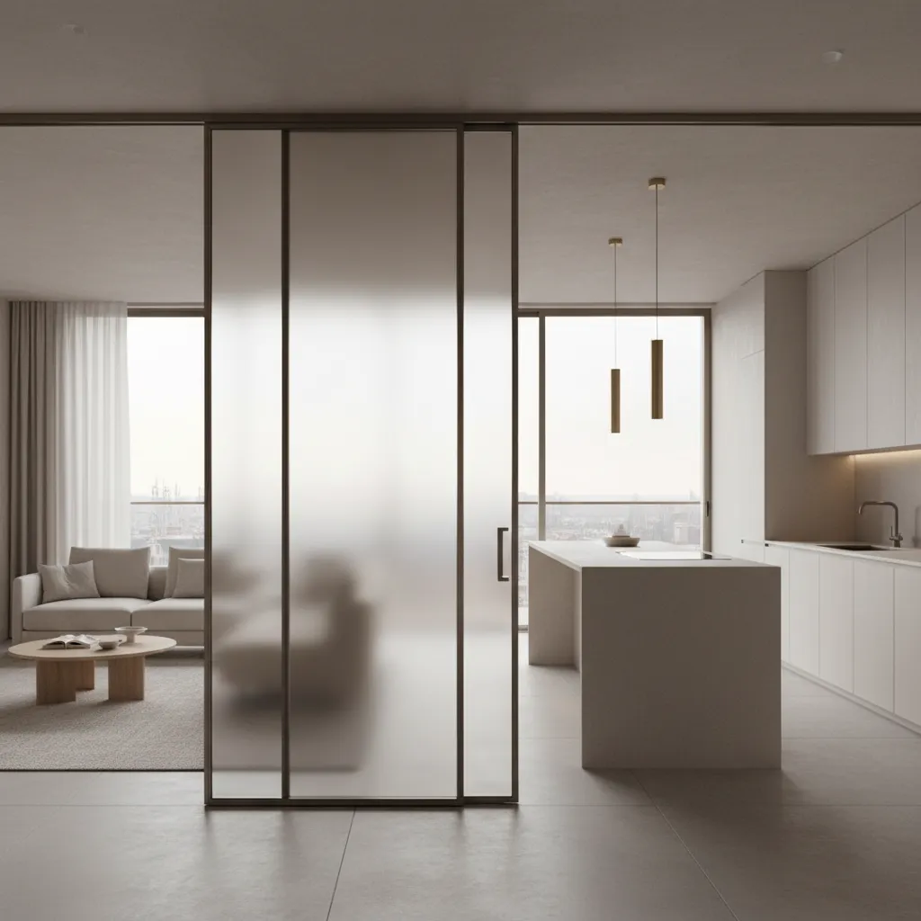 Puerta corredera interior de estilo italiano entre salón y cocina