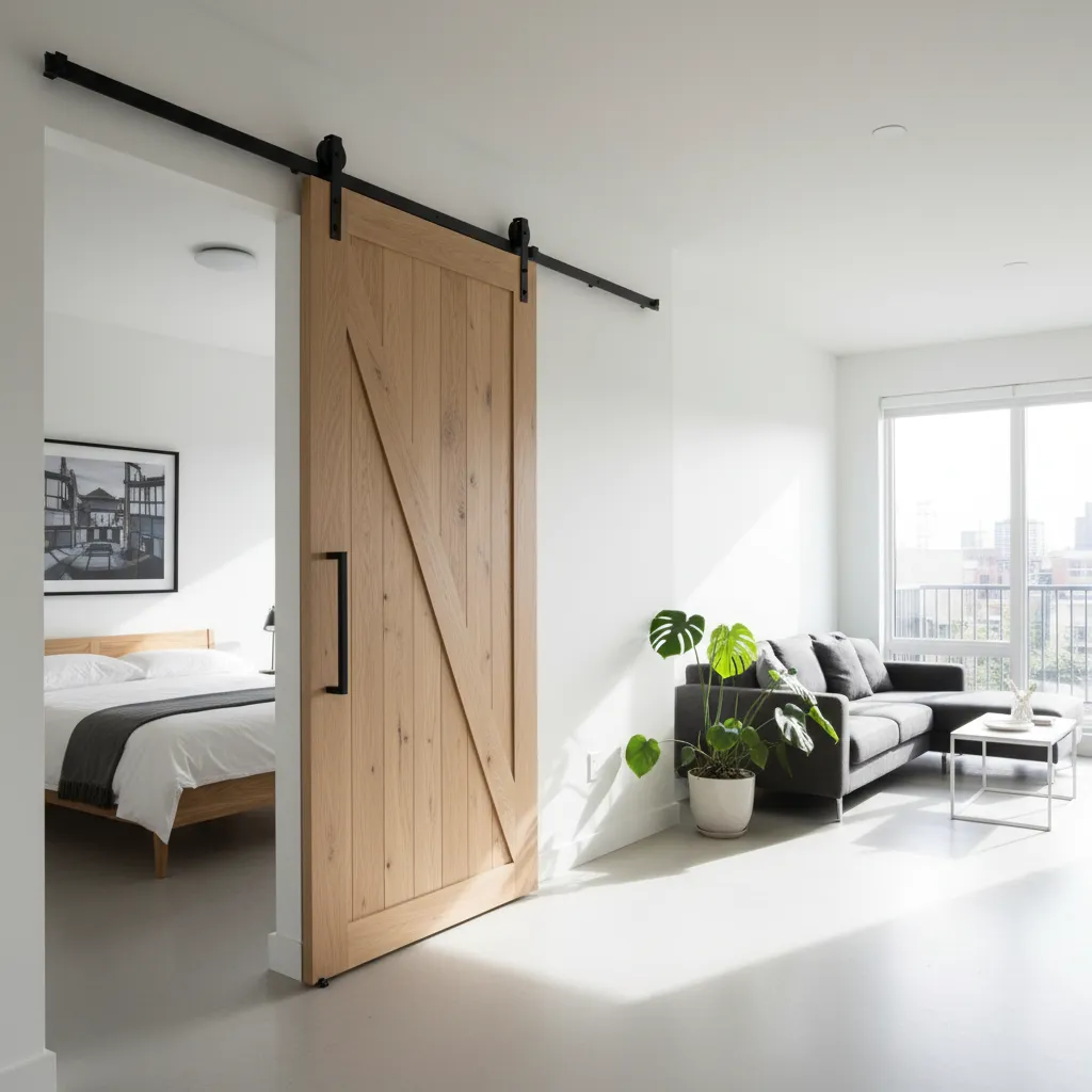 Puerta corredera de madera estilo granero en interior moderno