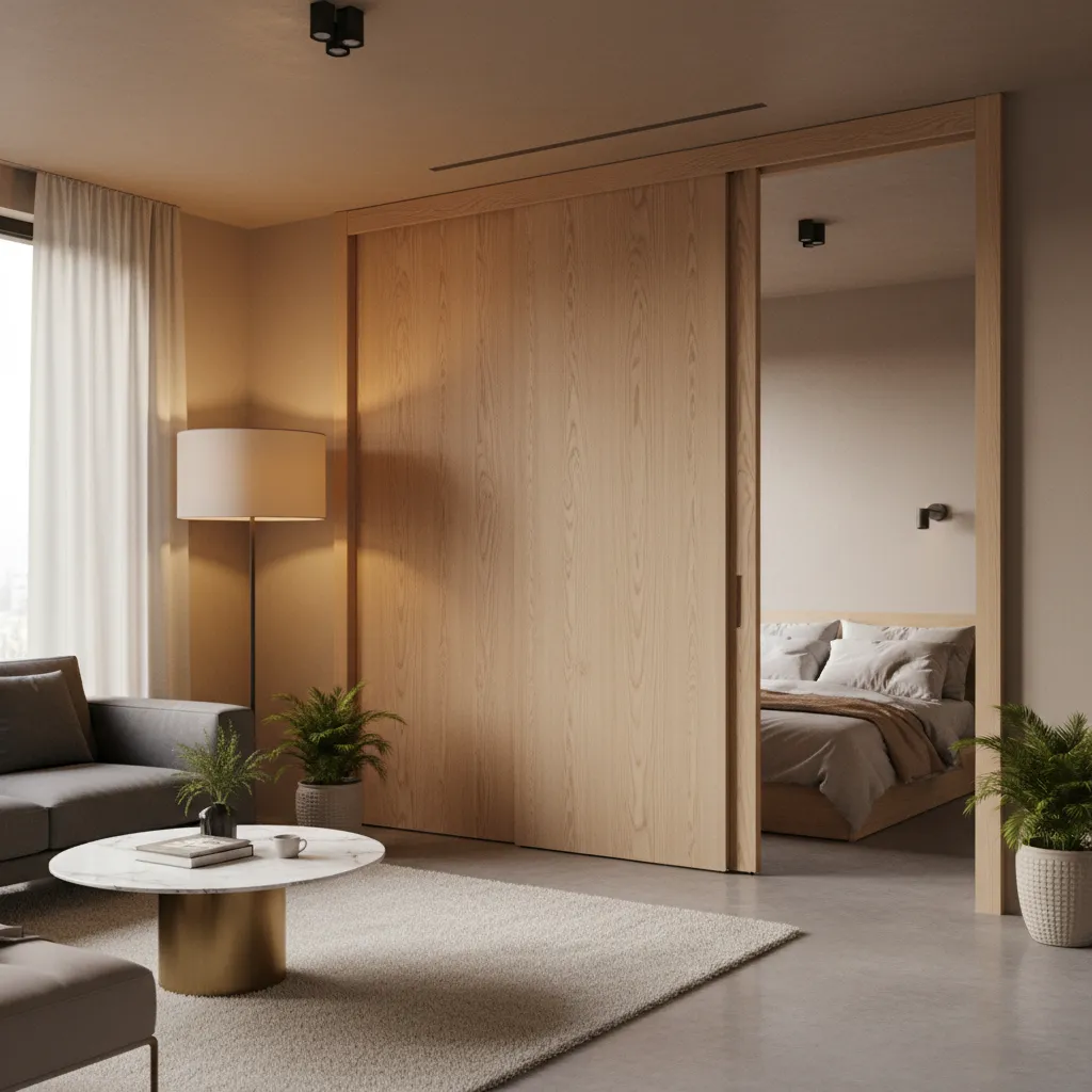 Puerta corredera de madera en salón moderno