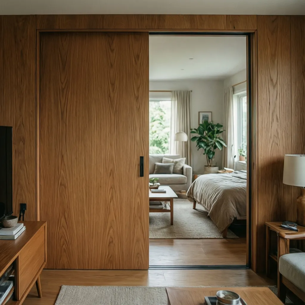 Puerta corredera de madera entre sala y dormitorio