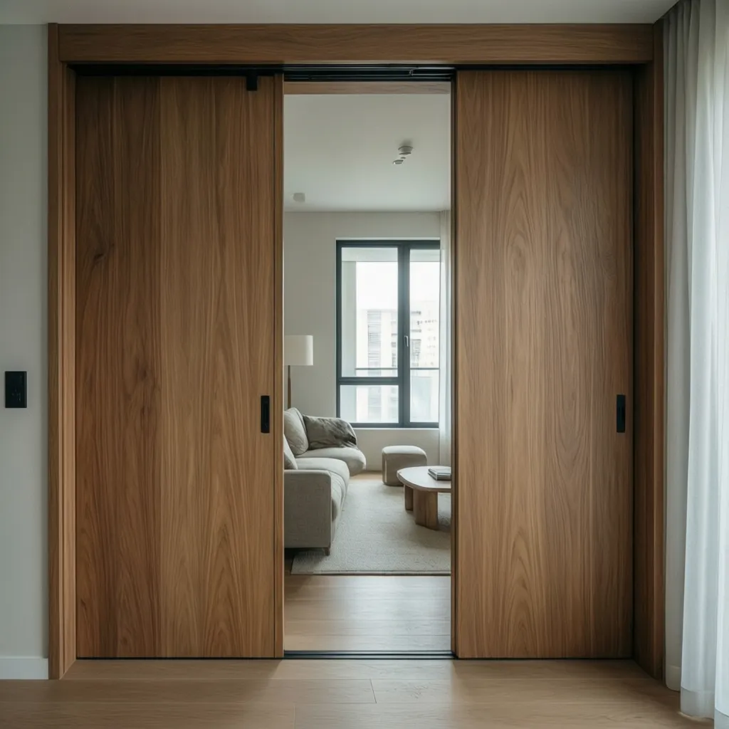 Double sliding wood doors opening into a bright living room with sofa and coffee table