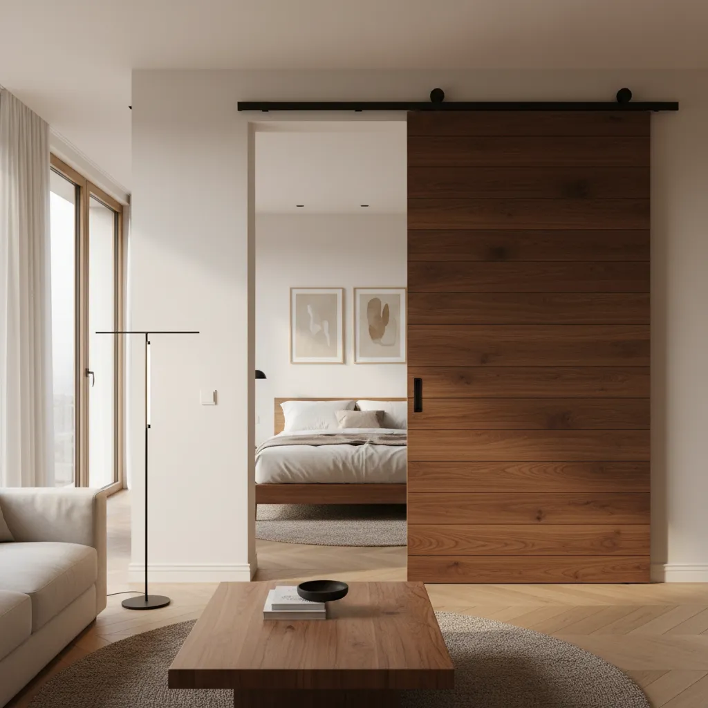 Puerta corredera moderna de madera en un apartamento