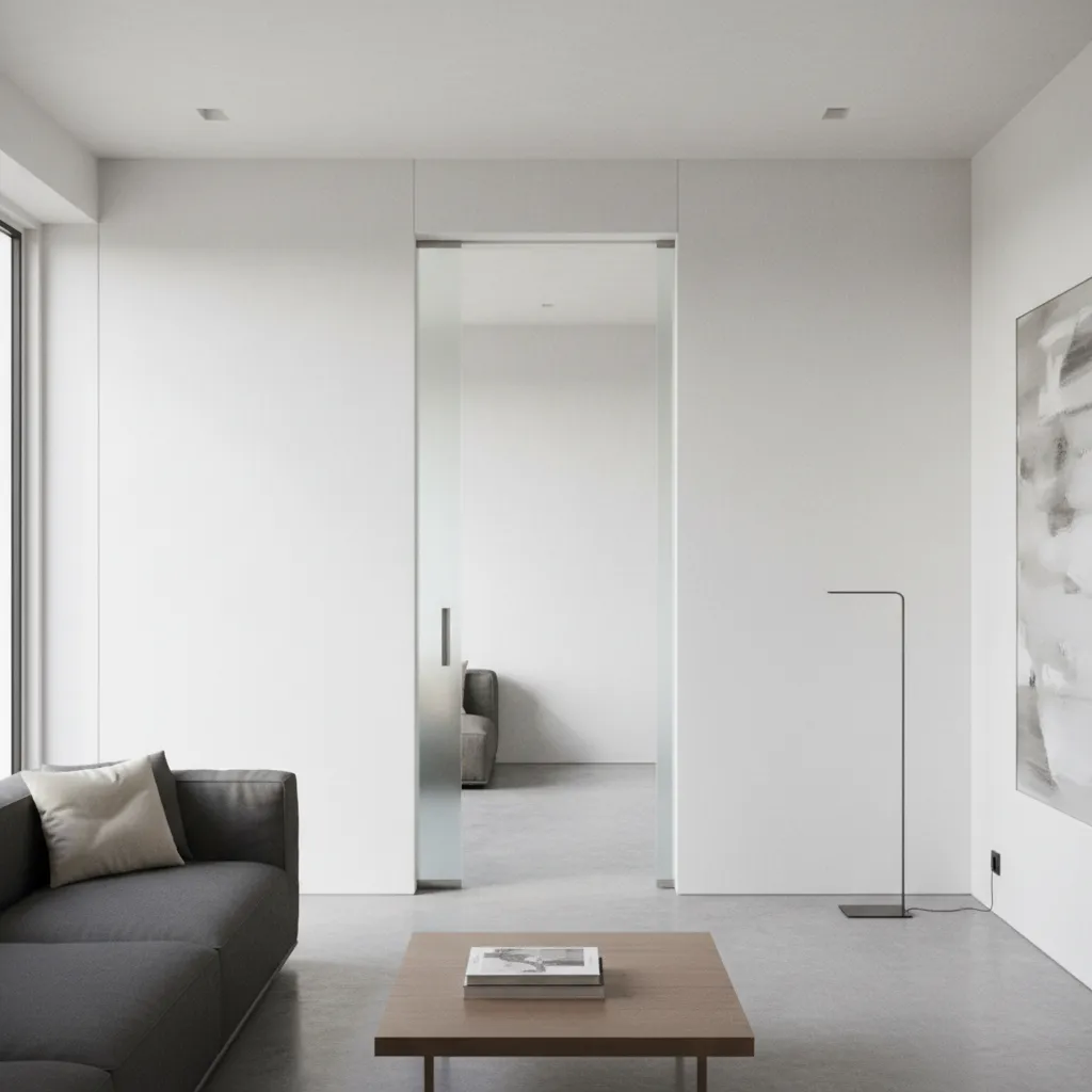 Modern living room with grey sofa and wood table featuring a glass sliding interior door