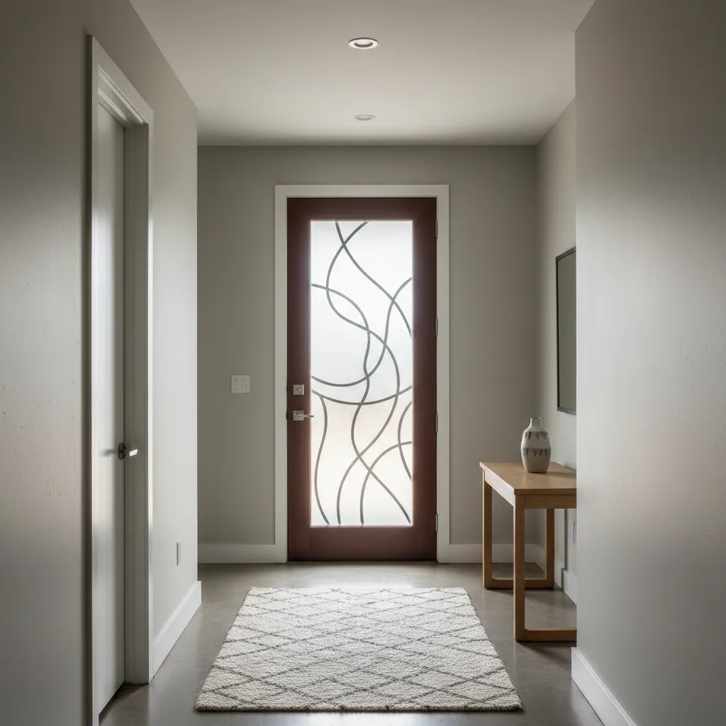 Puerta con cristal decorativo iluminando un pasillo interior