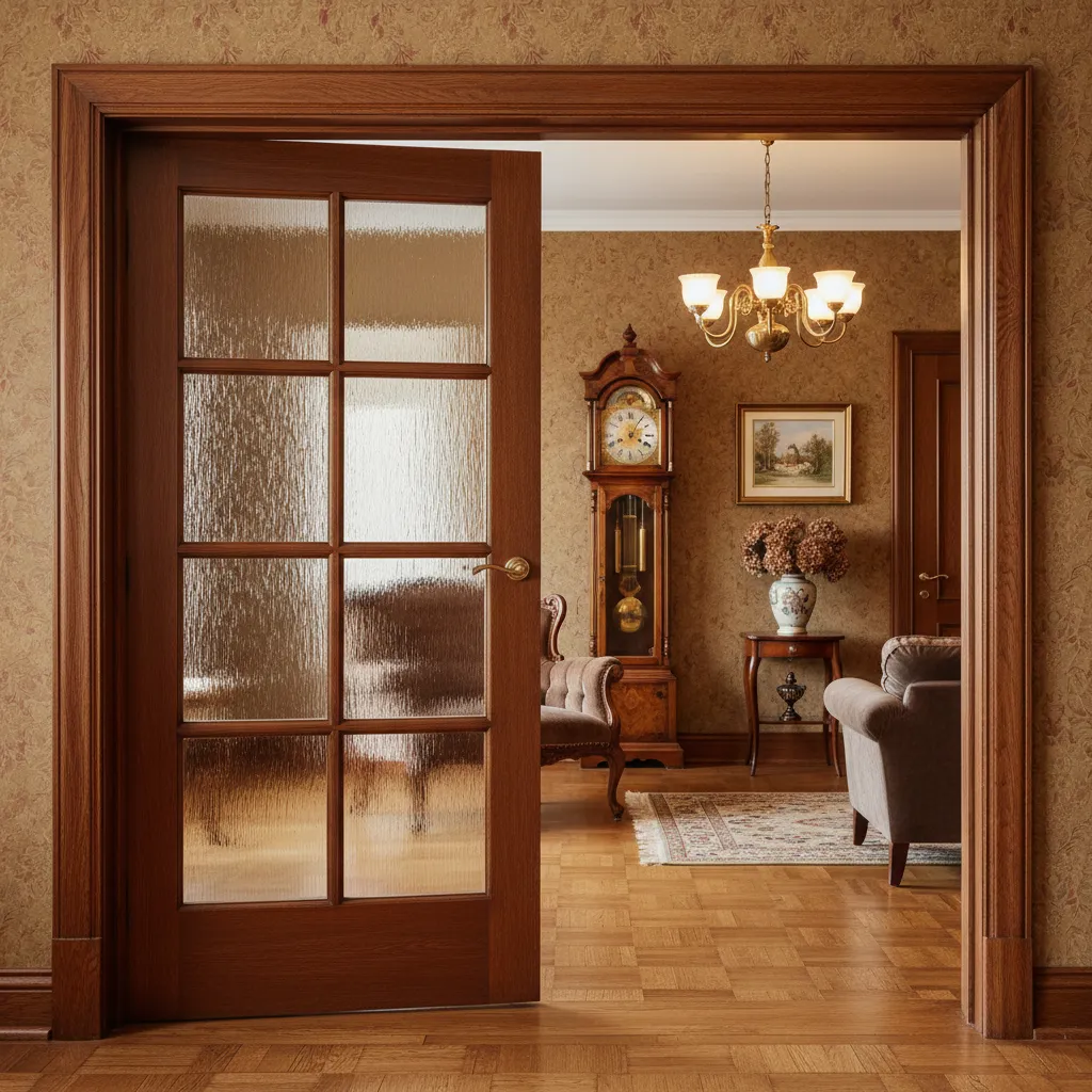 Puerta de madera con vidrio dividido en cuarterones estilo clásico