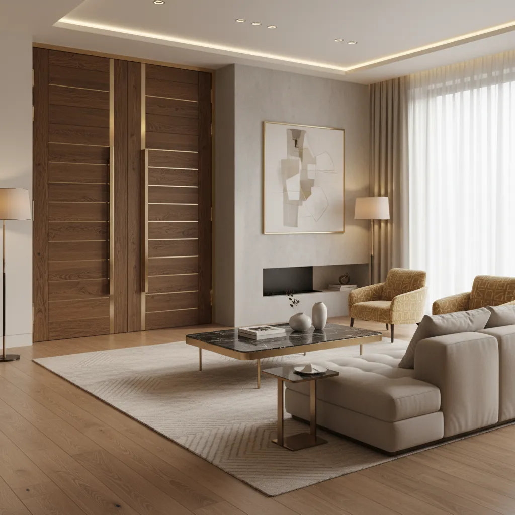 Puerta decorada integrada con el diseño interior de un salón moderno