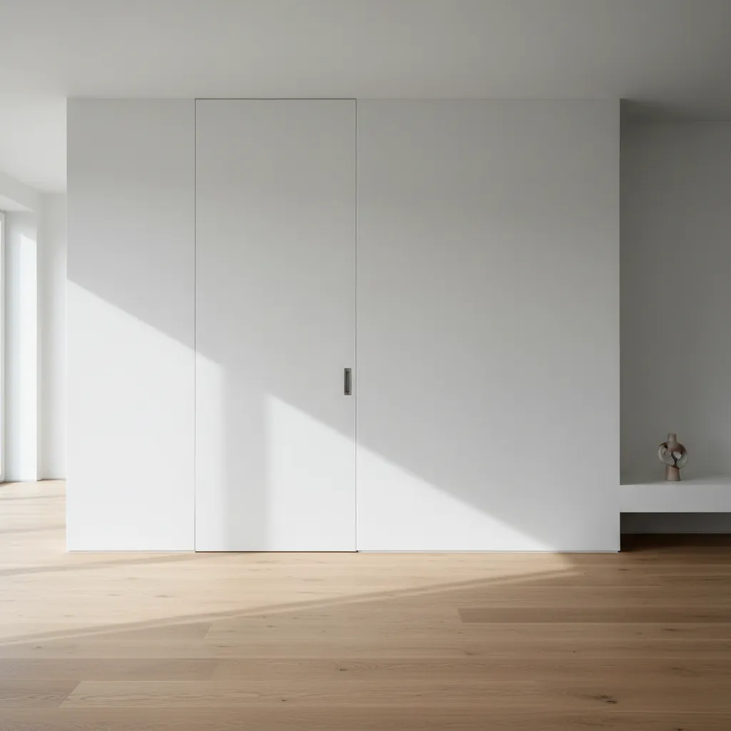 Puerta enrasada integrada en una pared blanca