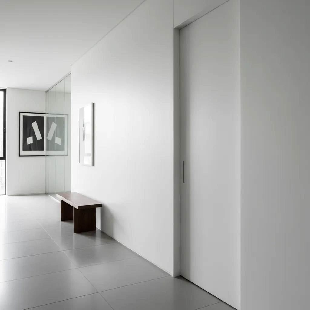 Puerta enrasada con la pared en un interior minimalista moderno