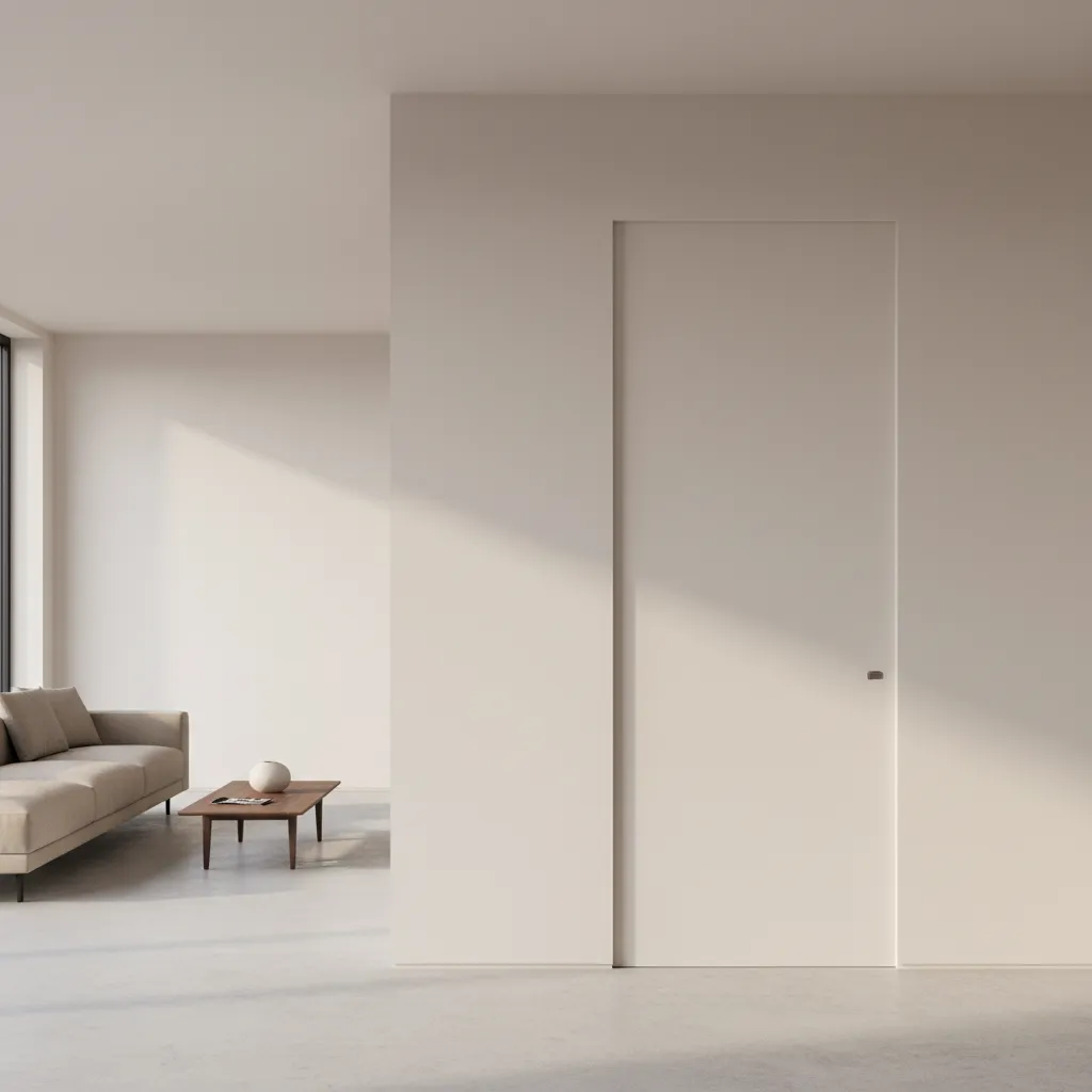 Puerta enrasada del mismo color que la pared en interior minimalista