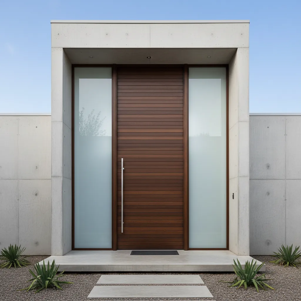 Puerta de entrada alta y ancha en fachada moderna de vivienda