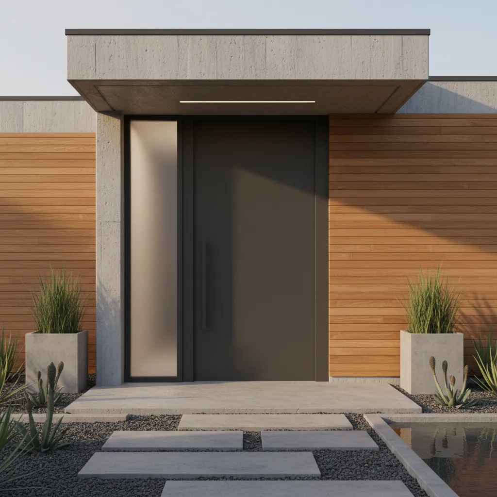 Entrada de casa moderna con puerta amplia y panel lateral de vidrio