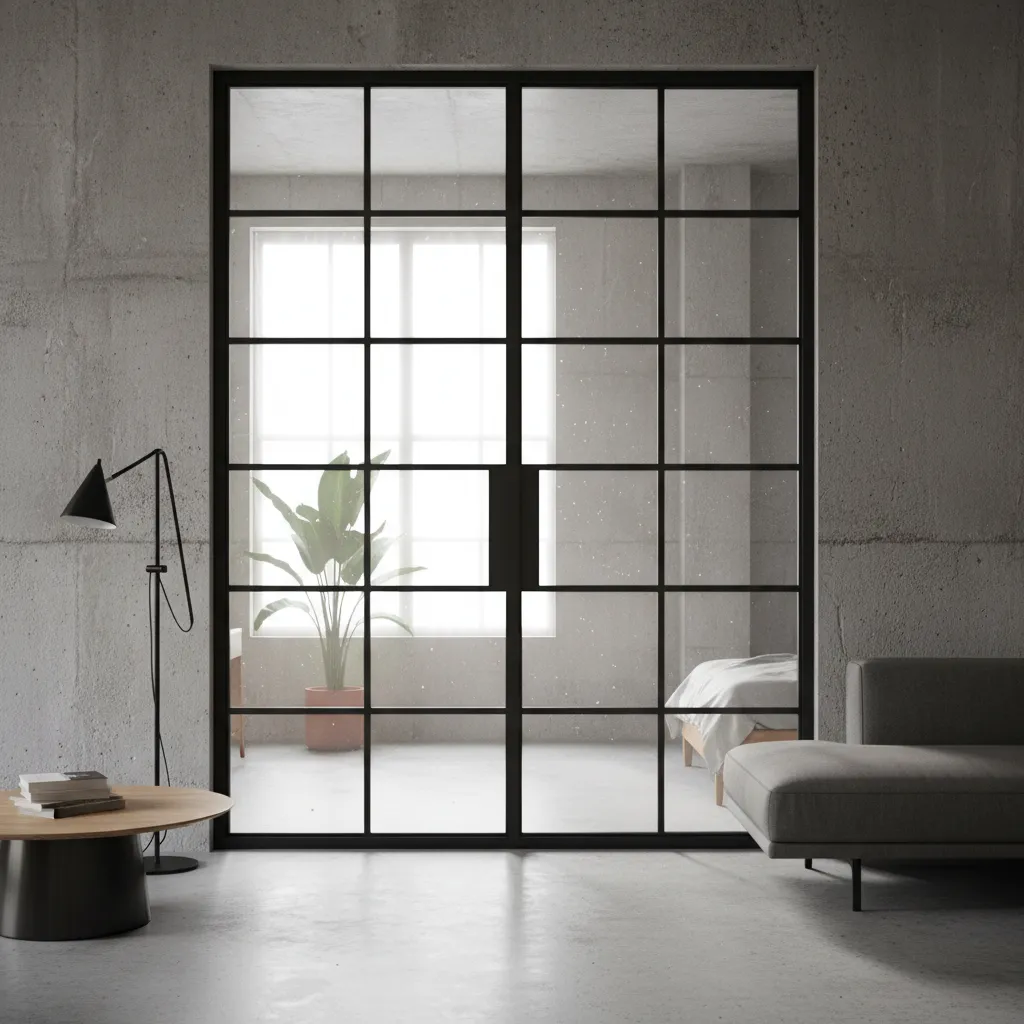 Puerta interior con marco oscuro y paneles de vidrio estilo industrial