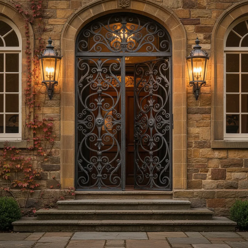 Puerta de herrería clásica con ornamentos decorativos