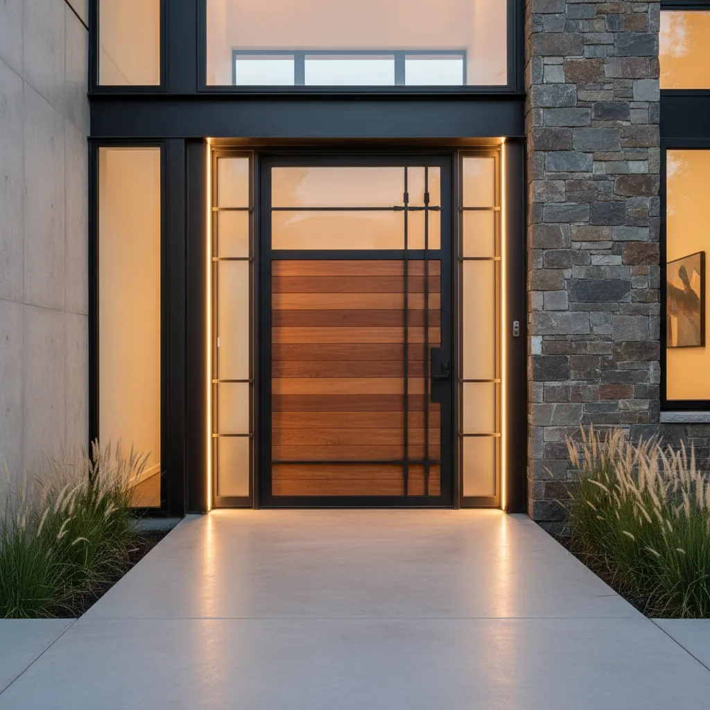 Puerta de herrería combinada con paneles de madera