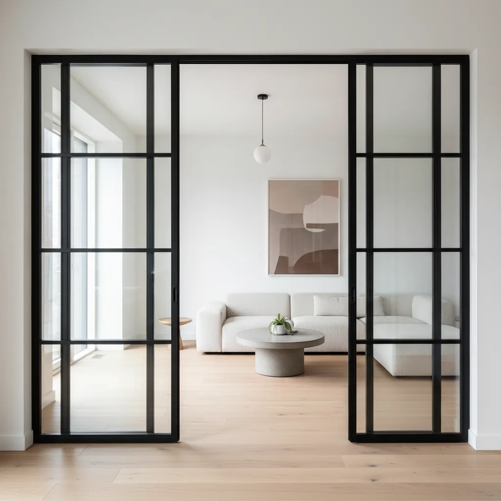 Puerta corredera de herrería y vidrio en interior moderno