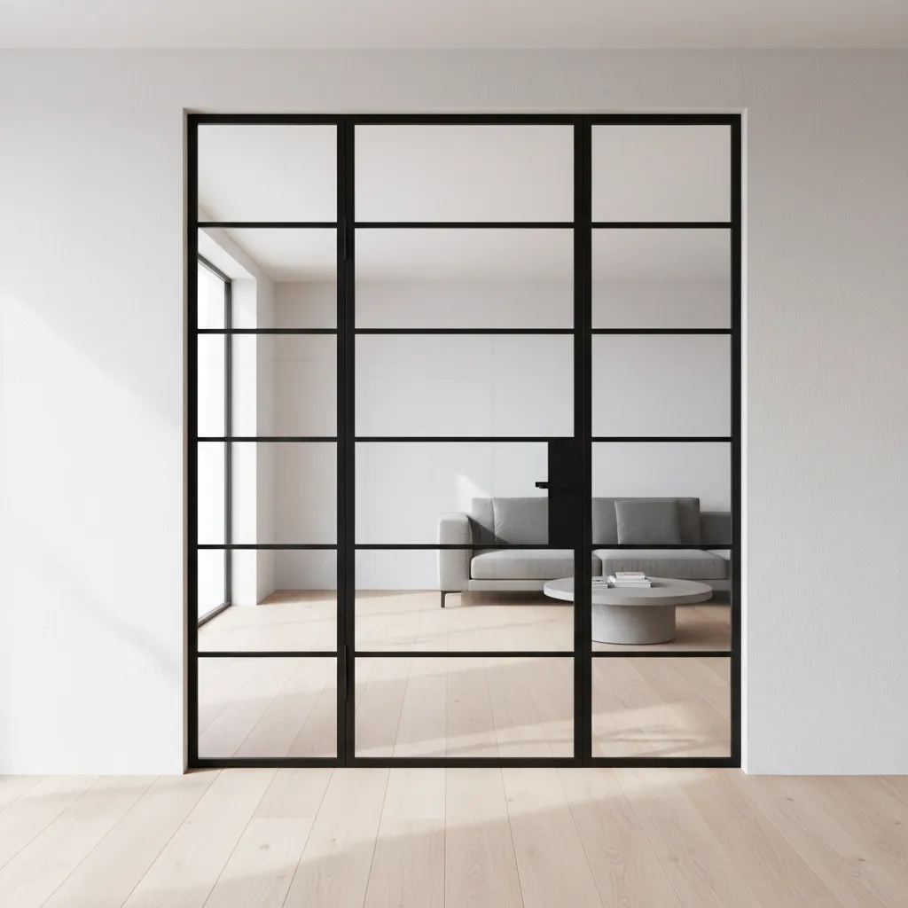 Puerta de herrería con diseño minimalista de cuadrícula fina