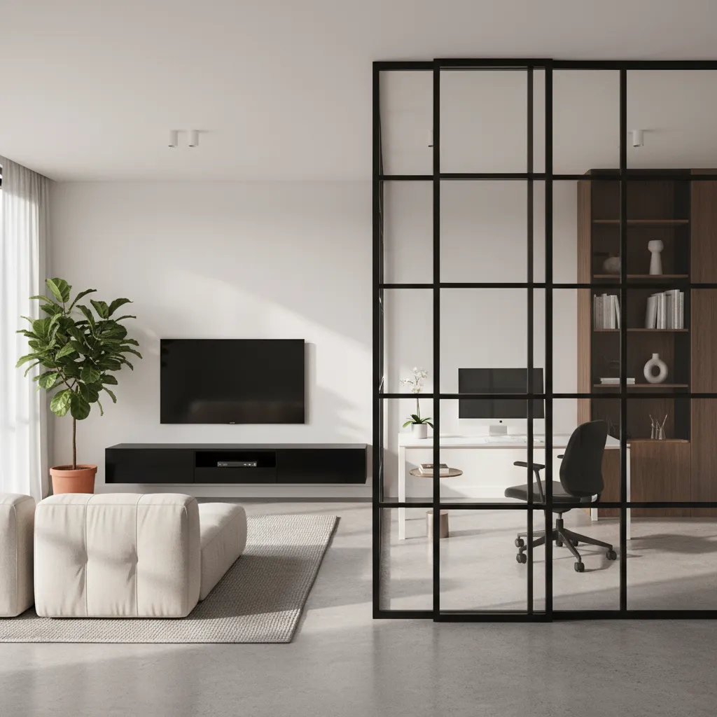 Puerta de herrería con vidrio separando salón y estudio