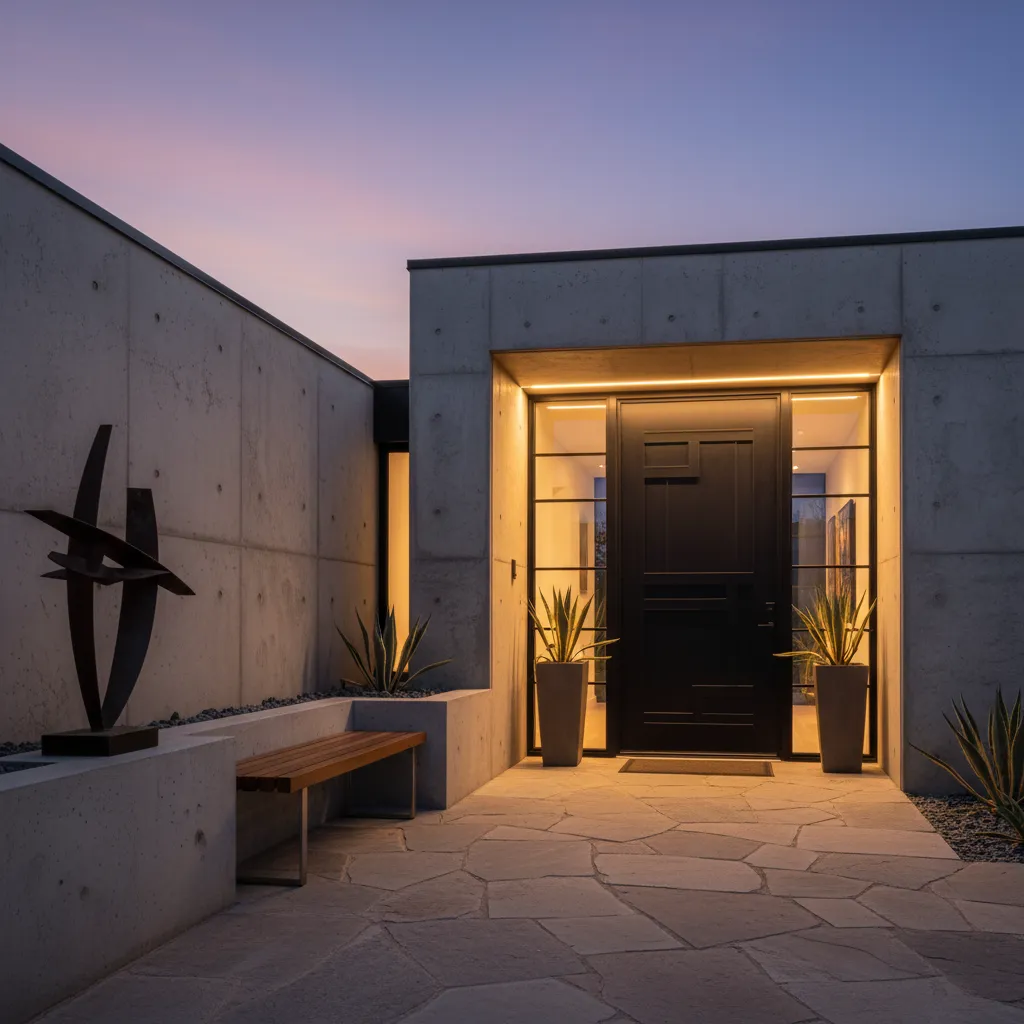 Entrada de casa moderna con puerta de herrería negra