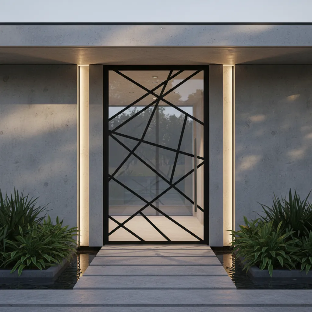 Puerta de herrería con diseño geométrico moderno