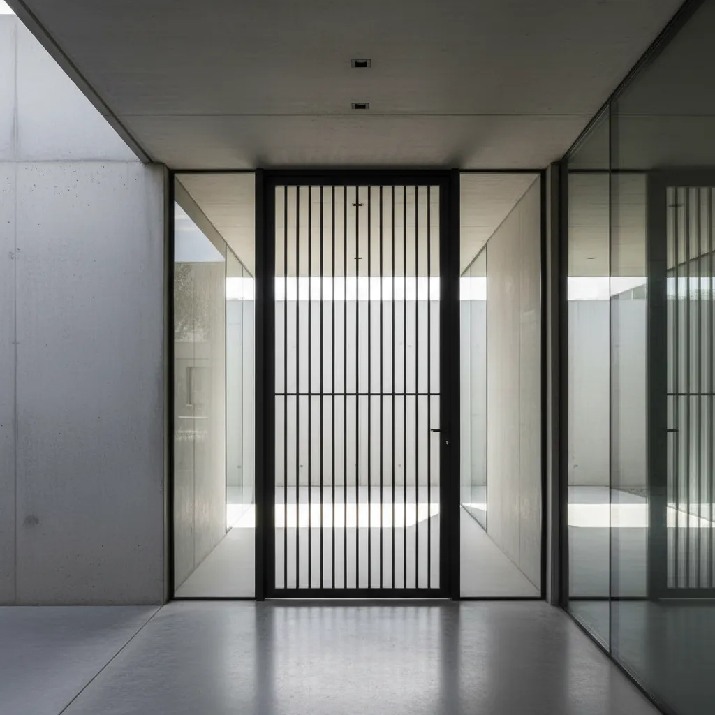 Puerta de herrería minimalista con líneas verticales