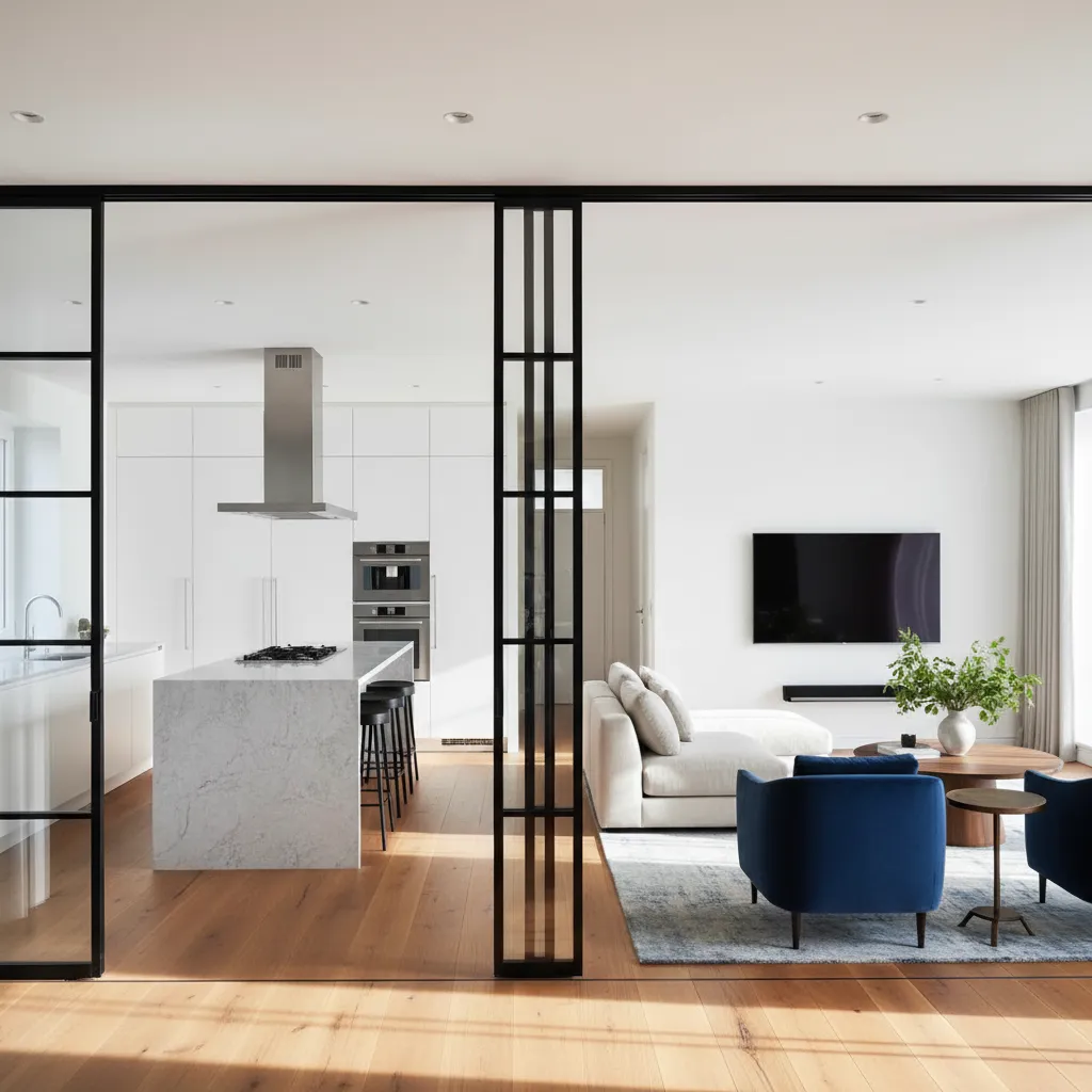 Puerta corredera de hierro con vidrio transparente entre cocina y salón