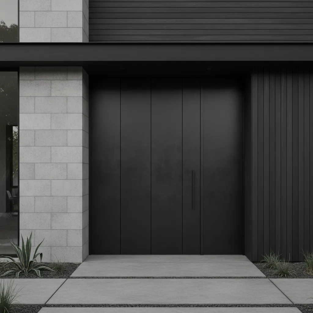 Puerta de hierro minimalista con paneles verticales