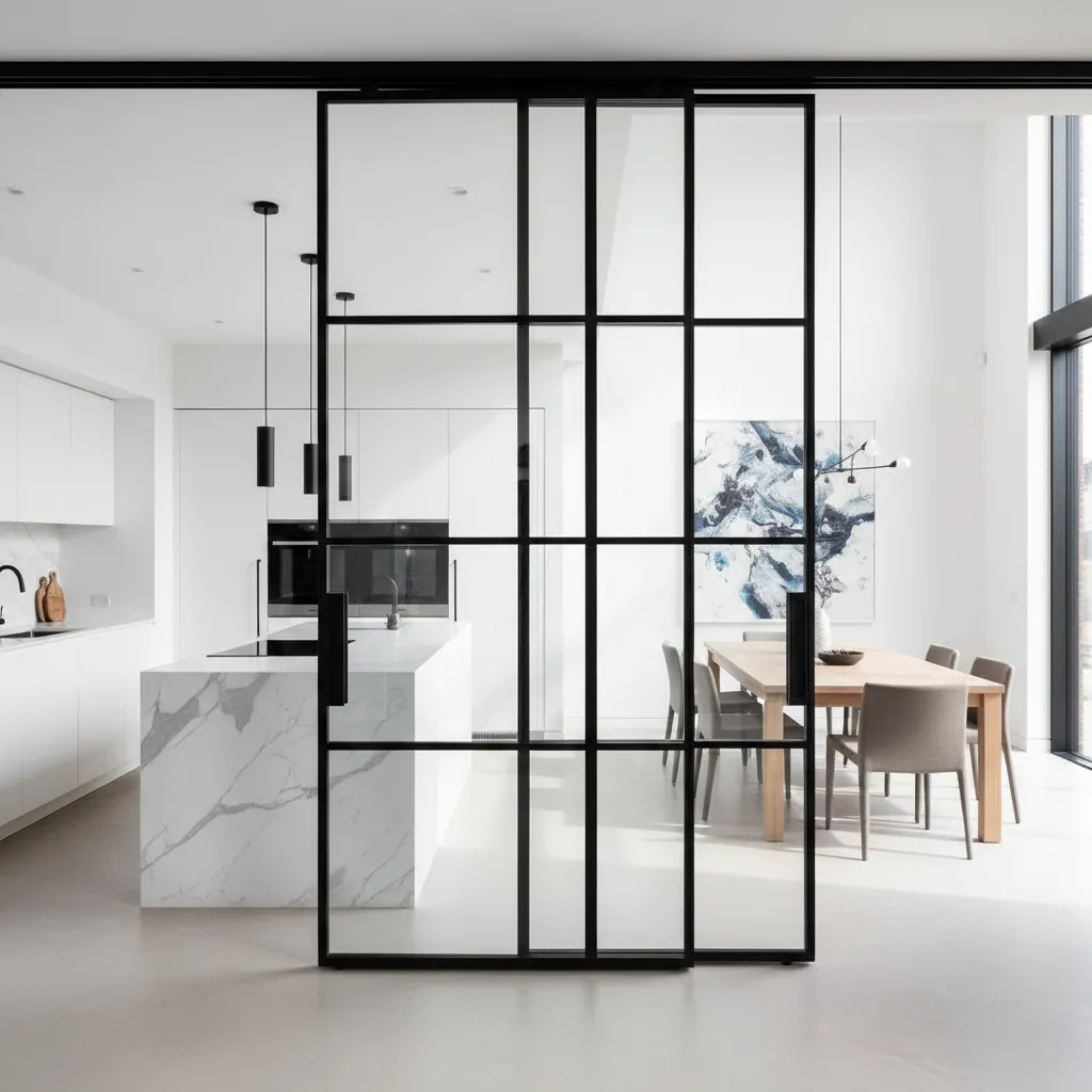 Puerta corredera de hierro con tres paneles separando cocina abierta