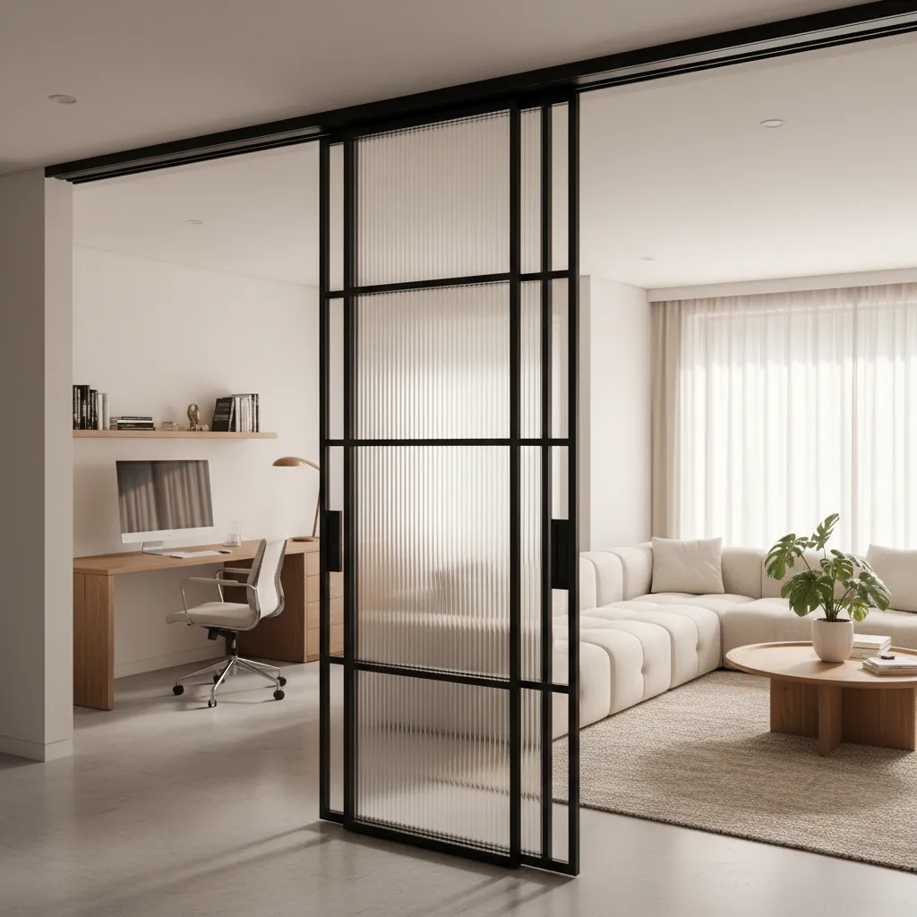 Puerta corredera de hierro con vidrio acanalado separando despacho y salón