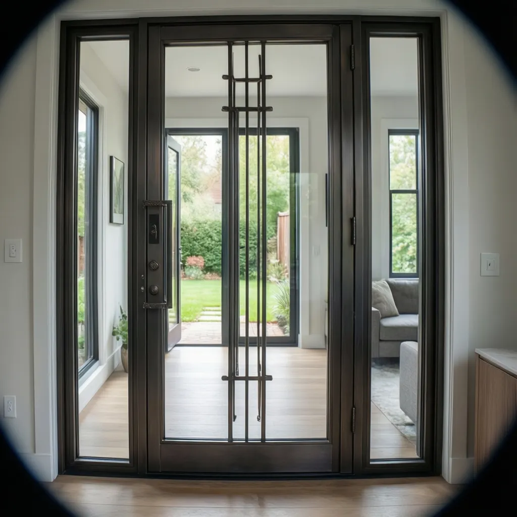 Puerta de hierro con paneles de vidrio en casa moderna