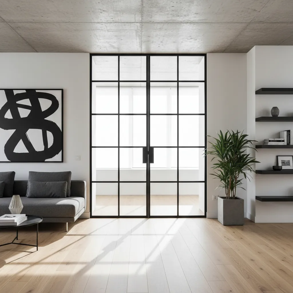 Puerta interior de metal negro con paneles de vidrio estilo industrial