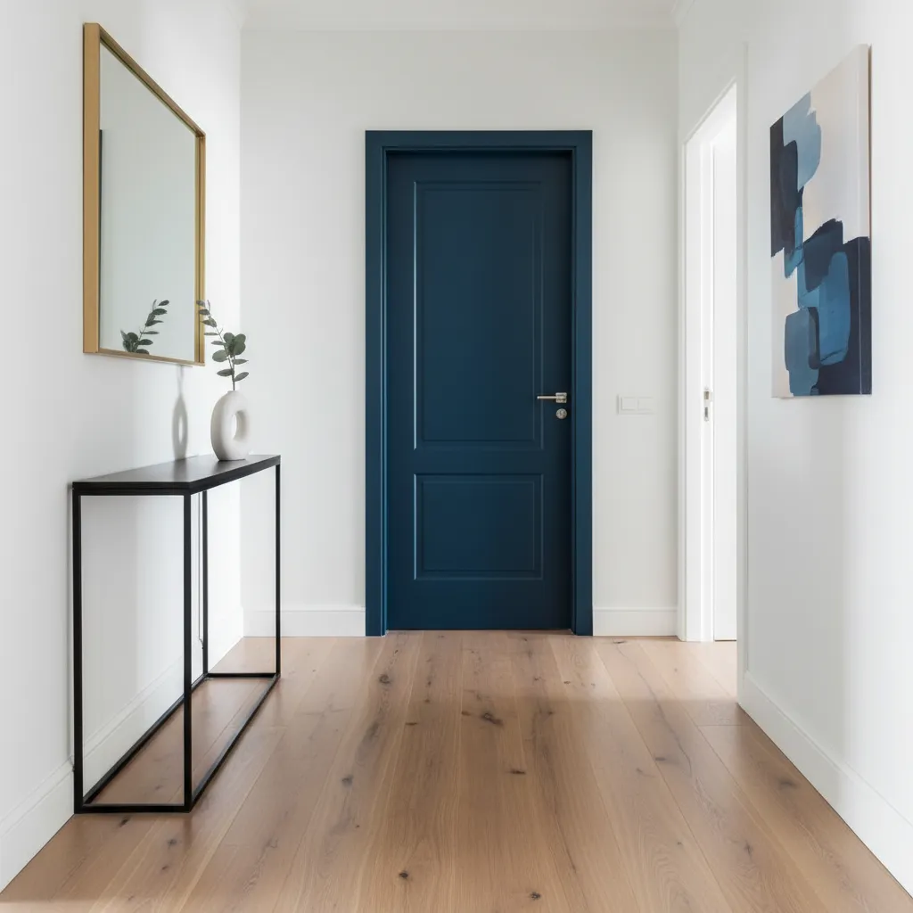 Puerta interior pintada en azul oscuro contrastando con paredes blancas