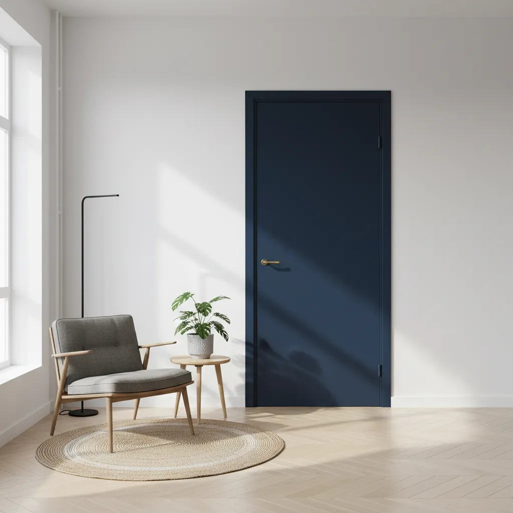 Modern white room with dark blue door grey chair wooden side table and green plant