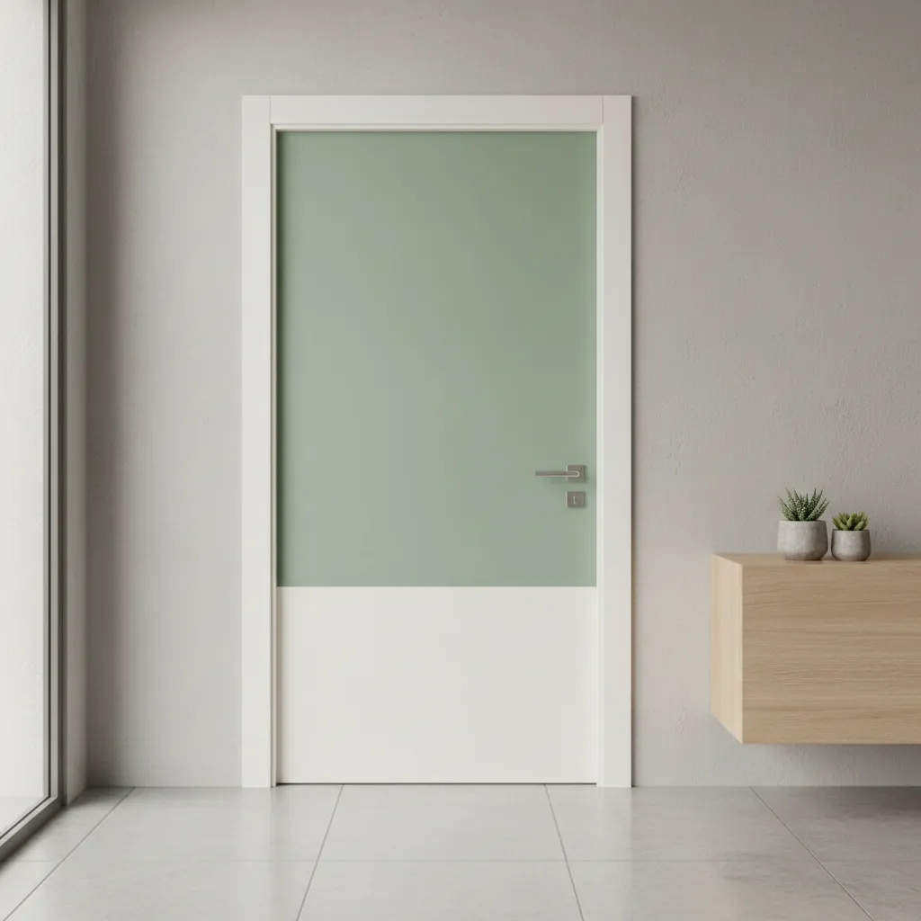 Modern interior door with green and white panels next to a wood cabinet and plants