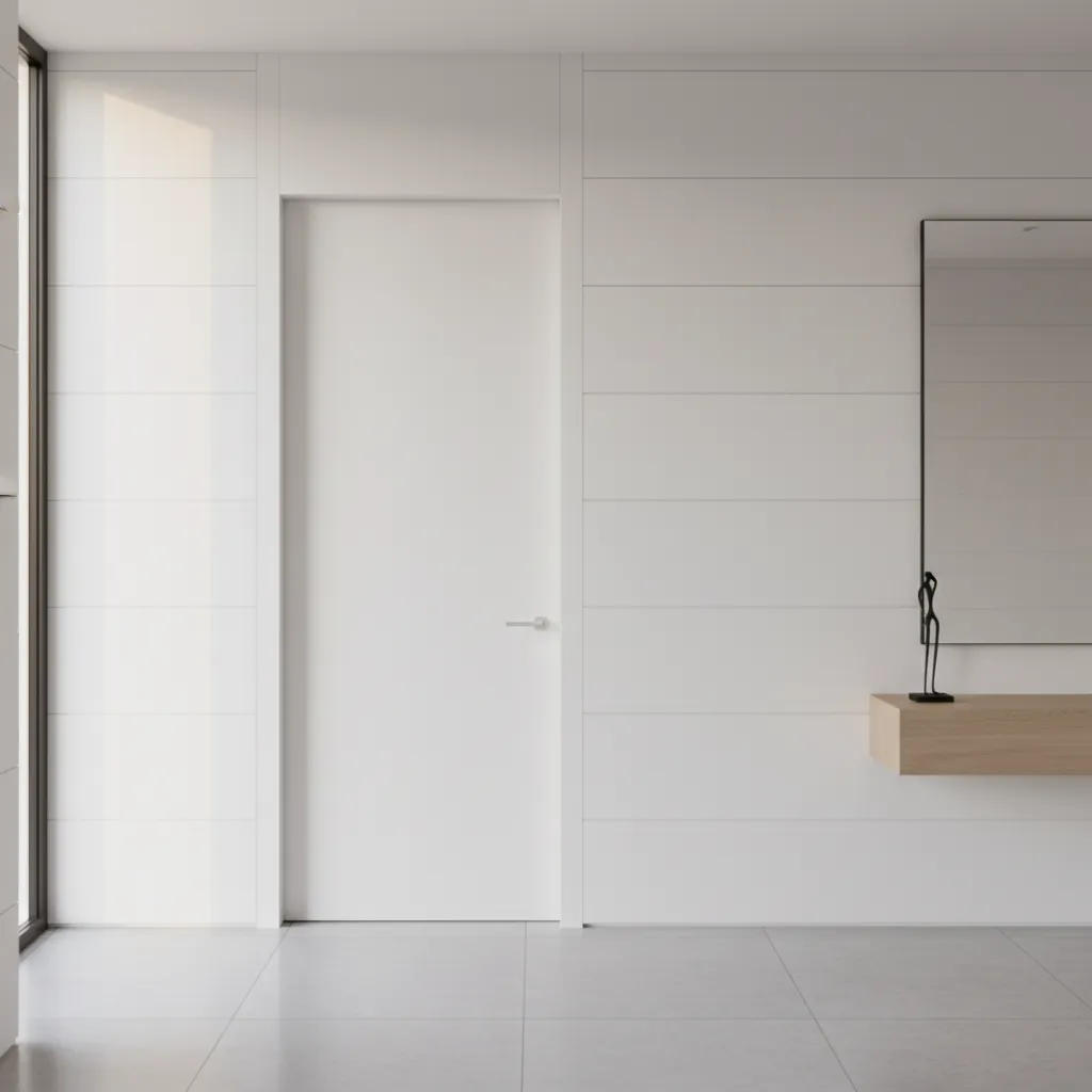 Modern white interior door flush against white wall panel near a mirror and wood cabinet