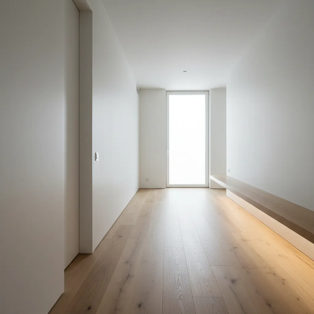 Puerta interior minimalista integrada en una pared blanca