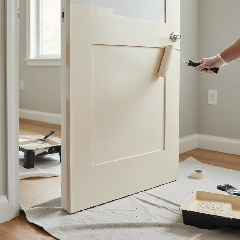 Person using a paint roller to apply light beige paint to a wooden interior door