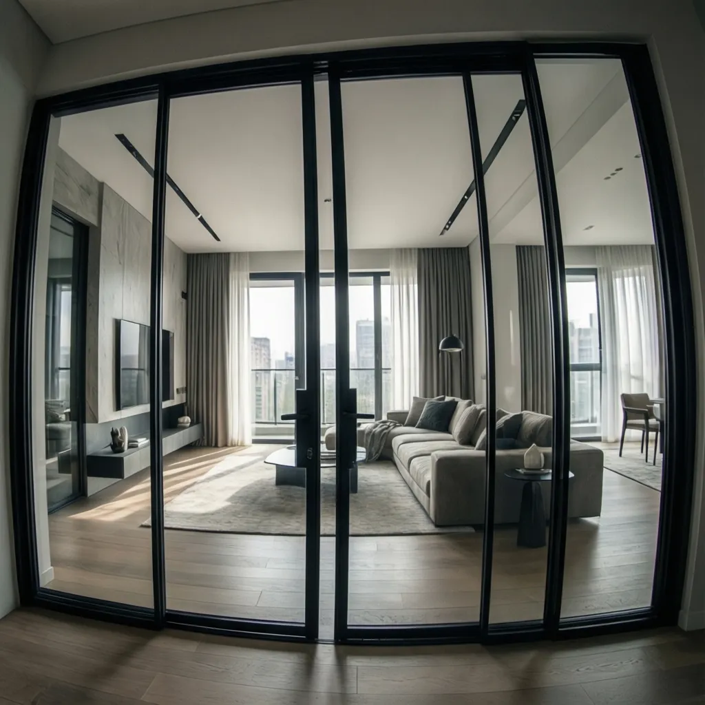 Puerta interior de vidrio con marco negro en apartamento moderno