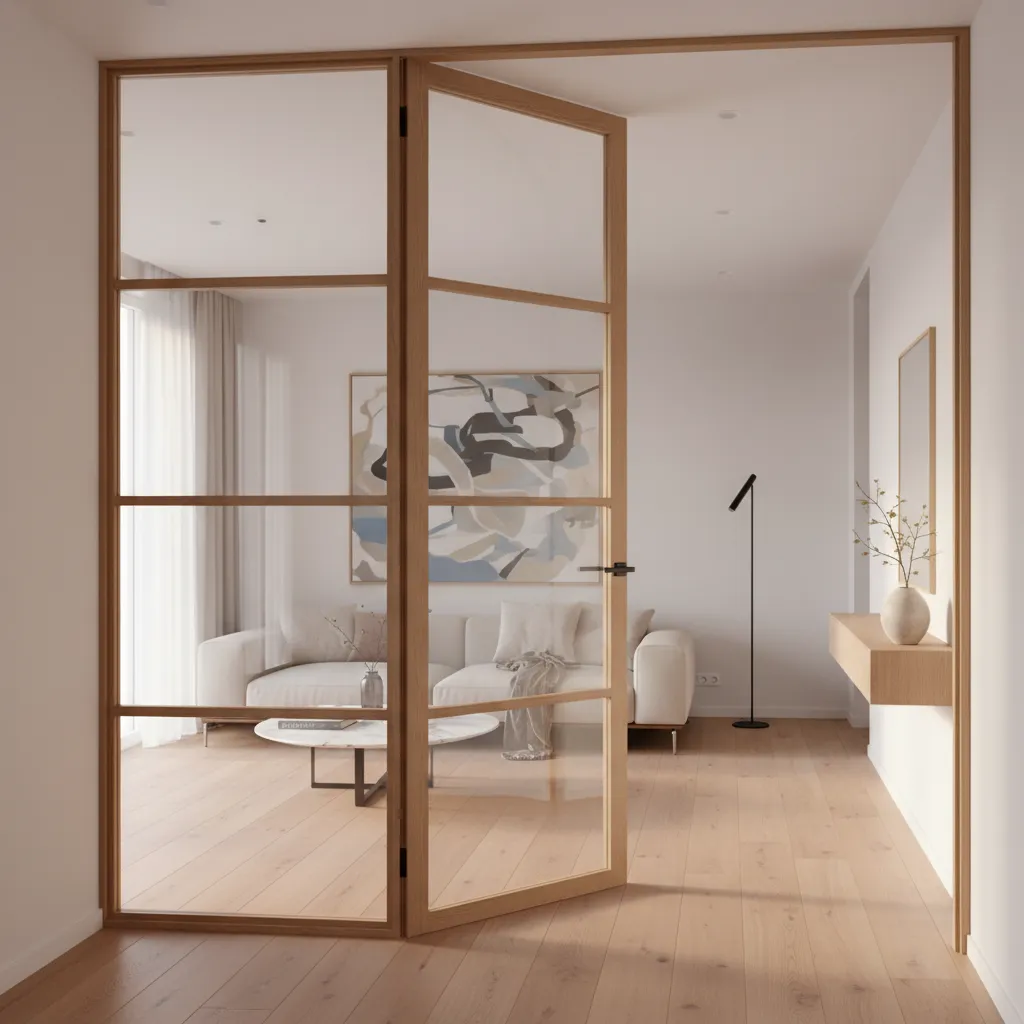 Puerta interior con paneles de vidrio que conecta dos estancias